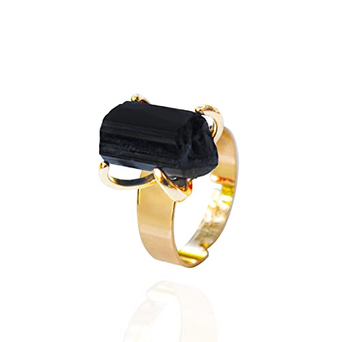 LODMLOER Anillo De Turmalina Negra Cruda para Mujer - Piedra Áspera Genuina Irregular Hecha A Mano Anillo De Mineral De Dedo Redimensionable Joyería, 1 Pieza Color Aleatorio,Redime