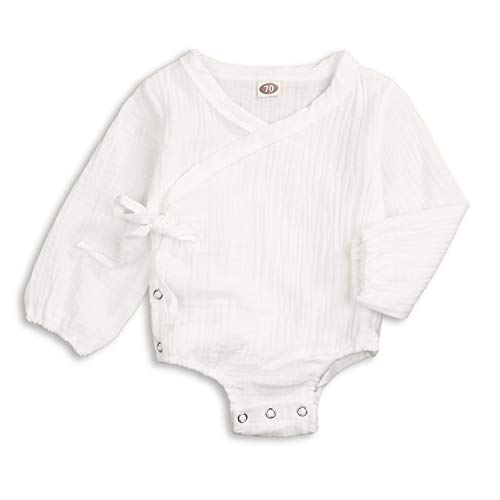 KCSLLCA Baby Girls Boys Kimono Robe Strappy Long Sleeve Solid Color Linen Bodysuit Infant Japanese Pajamas (White, 0-3 months)