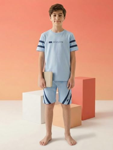 Image of Li'l Tomatoes Boys 100% Cotton Night Suit Set | Half Sleeve T-Shirt & Shorts | Color Block & Typography Print | Soft & Breathable Sleepwear | Casual Summer Wear | 9-16 Years