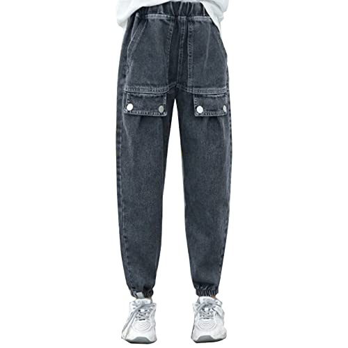 Aislor Girls Jeans Elastic Leg Cuffs Denim Trousers Elastic Waist Casual Loose Fit Denim Pants with Square Pockets