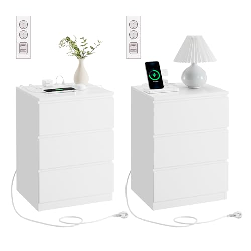 VASAGLE Kailyn Kollektion - Nachttisch mit Steckdosenleiste, 2er Set, Beistelltisch, 3 Schubladen, 2 AC-Steckdosen, 2 USB-A-Anschlüsse, modern,...