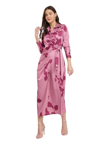 Image of FableStreet Women's Casual Shirt Collar Printed Polyester Midi Dress