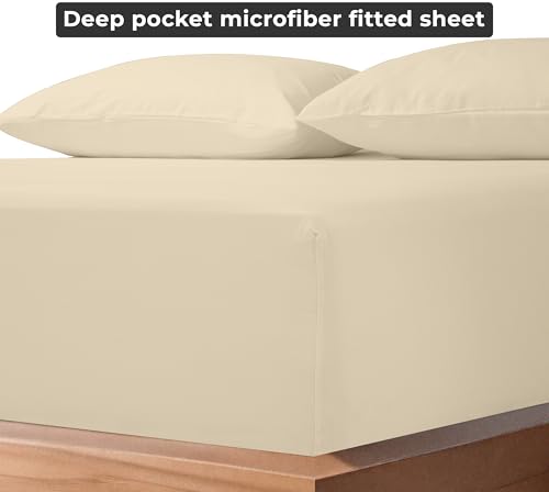 Image of Royale Linens Fitted Sheet King - Ultra Soft 1800 Brushed Microfiber - Hotel Luxury Bottom Sheets - Wrinkle Free & Fade Resistant - Deep Pocket Fitted Sheet Only (King, Sand)