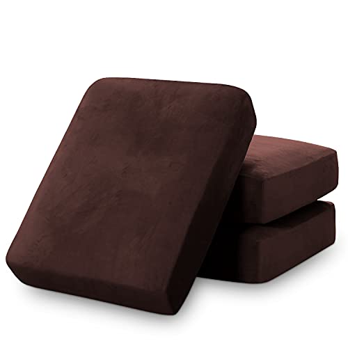 PrinceDeco Velvet Sofa Cushion Covers, Stretch Couch Cushion Covers for Individual Seat Couch Slipcover Sets Furniture Protector for Loveseat Sofa Cushion(Each Width Up to 29.5", Brown)