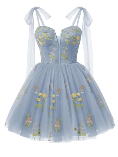 TIRAS Flower Embroidery Tulle Homecoming Dresses 2024 Spaghetti Straps Sweetheart Neck Sleeveless Short Prom Dress