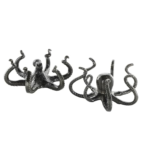 Image of Deco 79 Aluminum Metal Octopus Decorative Sculpture Home Decor Statues with Splayed Arms, Set of 2 Accent Figurines 9 inchW, 4 inchH, Black