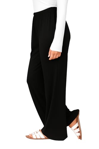 Women's Palazzo Trousers Flared Elasticated Waist Wide-Leg Trousers Loungewear Casual Soft Comfortable Stylish Trousers (BLK 4XL -L25)