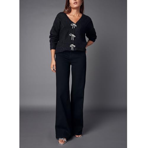 Image of Women Y2K Solid Color Knit Cardigan Long Sleeve V Neck Bow Button Open Front Sweater Top Vintage Going Out Knitwear