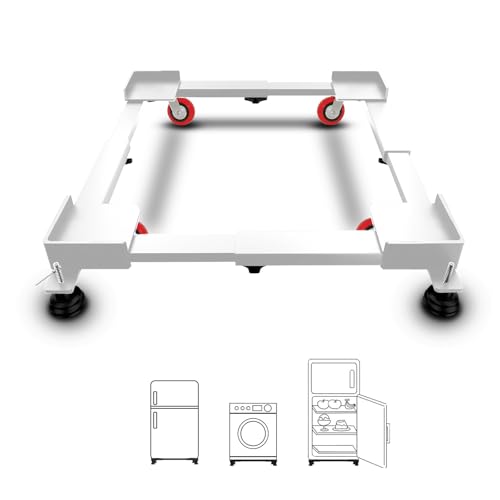 Image of Smart Shelter Washing Machine Trolley for Fully and Semi Automatic, Front or Top Load, Fridge and Dishwasher Stand, Adjustable Metal and Wheels, Capacity 250Kg, White (Min: 17 inchx17 inch, Max: 27 inchx29 inch)