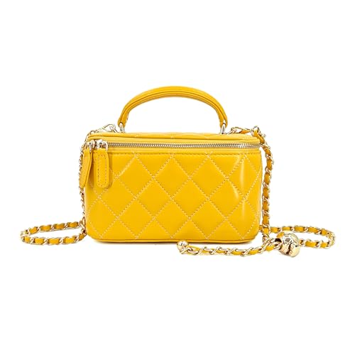 Image of M-ioi-M Small Genuine Leather Purse Quilted Crossbody Bag for Women, Mini Top-Handle Shoulder Handbag w /Gold Chain Strap