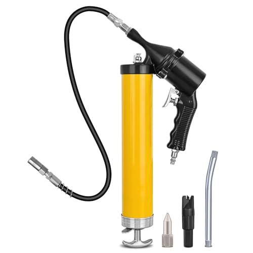 GOOACC Pneumatic Grease Gun 6000 PSI 14oz Heavy Duty Air Operated Grease Gun Kit with 18 Spring Flex Hose Rigid Pipe Coupler Pistol Grip Grease Guns for Automotive Farm Industrial Marine Yellow 6PCS