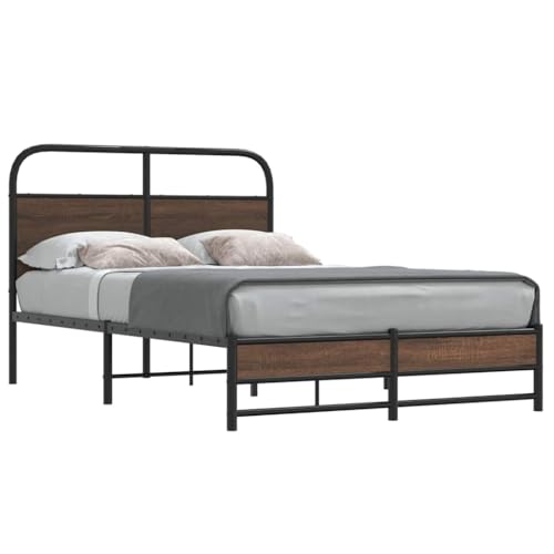 QZZCED Estructura de Cama Robusta 120x190 cm Madera Marrón Roble con Cabecero y Somier de Láminas, Diseño Elegante y Atemporal, Construcción Sólida de Metal para Máxima Estabilidad