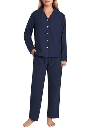 Latuza Womens Petite Cotton Flannel Pajamas Set Button Down Long Sleeve Pjs, Navy, Large Petite