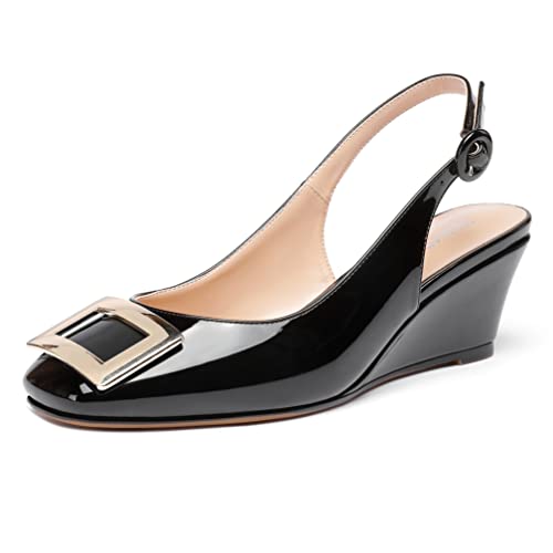 WAYDERNS Women's Square Toe Slingback Patent Metal Rectangle Buckle Wedge Low Heel Pumps Ladies Evening Dress Shoes 2 Inch