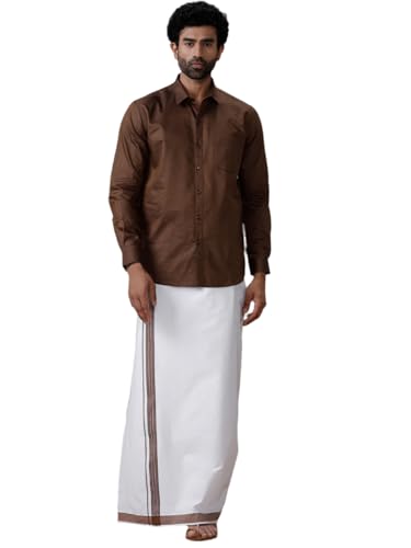 Image of RAMRAJ COTTON Men Full Sleeve Solid Shirt With Matching Border Dhoti|Ideal For Weddings And Occasion