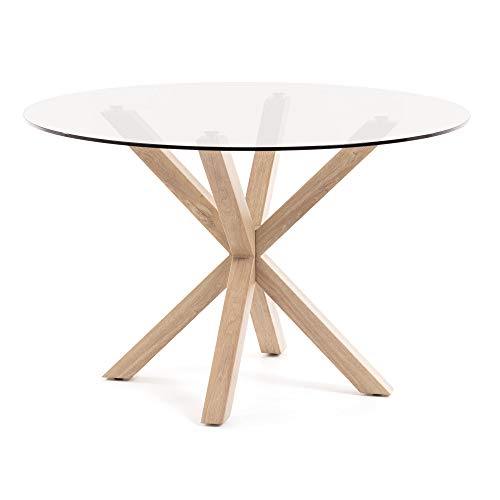 Kave Home - Mesa de Comedor Argo Redonda Ø 119 cm de Cristal y Patas de Acero Efecto Madera