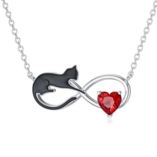Natural Garnet Black Cat Necklace for Women 925 Sterling Silver Infinity and Cat Pendant Black Cat Jewelry Gifts for Cat Lovers