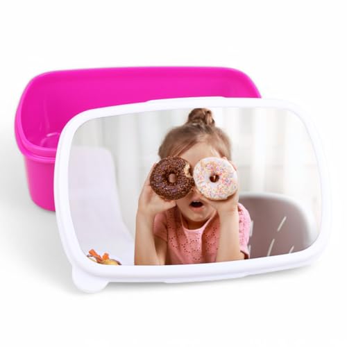 Regalisimos Fiambrera infantil Personalizada con Foto Regalos personalizados Caja merienda con foto. Apta para microondas y libre de BPA, filatos y metales pesados (Rosa)