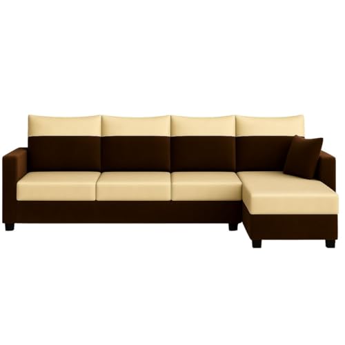 Image of FURNY Arissa 6 Seater Fabric RHS L Shape Sofa Set (Cream-Dark Brown) Premium Velvet Finish | Durable Comfort | Ideal for Living Room