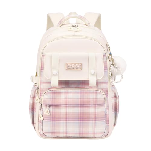 TYHOTULY Cute Backpack for Girls, Large Capacity Kids Bookbag for Elementary Middle School Students Waterproof Kawaii Preppy Aesthetic Plaid Backpack Age 4-16 with Cute Accessories (Beige)