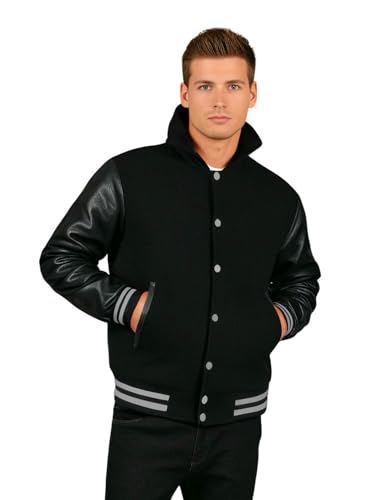Image of Deckra Men's Varsity Jacket Genuine Leather Sleeve and Wool Blend Letterman Boys College Varsity Jackets with Hood XXS-5XL