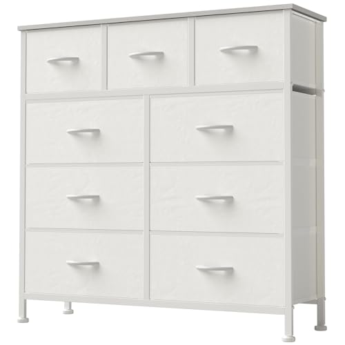 DUMOS Dresser for Bedroom, Storage Organizer with 9 Drawers, Chest of Drawers with Fabric Bins, Sturdy Metal Frame, Wood Tabletop for Guest Room, Closet, Entryway, White