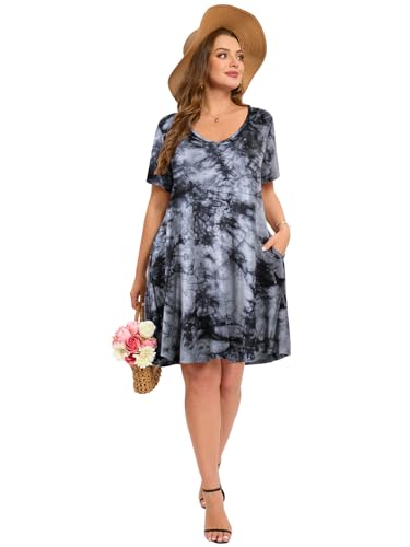 Image of ZENNILO Women's Plus Size Swing Dress with Pockets Casual Summer Dresses V Neck Short Sleeve T Shirt Dress for Women