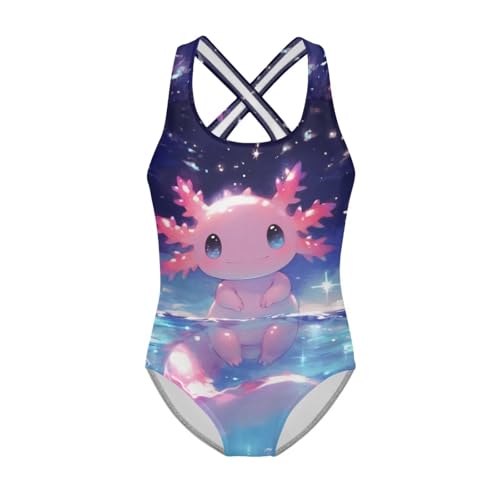 Image of Girls One Piece Swimsuit Axolotl Cross Back Straps Bathing Suit Lightweight Quick Dry Gymnastics Leotard