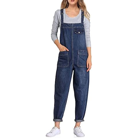 cow & meow Women's Casual Baggy Denim Bib Cropped Overalls Pants Jeans Jumpsuits (darkblue, X-Large) Cover