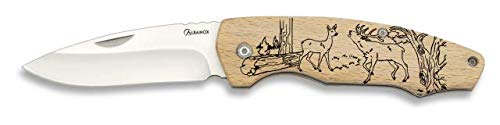 Navaja con grabado CIERVO BERREA Cacha Madera Hoja 7,5 cm para Caza, Pesca, Camping, Outdoor, Supervivencia y Bushcraft Albainox 19875GR571 + Portabotellas de regalo