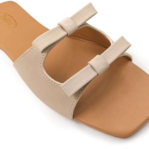 Image of ZaHu Women's Flat Slide Sandals Faux Leather Beige Double Bow Square Toe Slip On Casual Dressy Summer Footwear Comfortable Lightweight Durable for Travel Beach Party Office Gifting Modern Minimalist Open Toe Low Heel Soft Cushioned Insole Non Slip Sole Easy Care Stylish Versatile Vacation Wedding Brunch Shopping Work Women