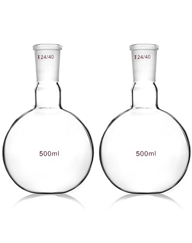 Qwork Glass 500Ml Single Neck Flat Bottom Boiling Flask, With 24/40 Standard Joint, 2 Pack Heavy Wall Distillation Receiving Apparatus, Taper Outer Joint Lab Glassware, 500Ml #TOP19