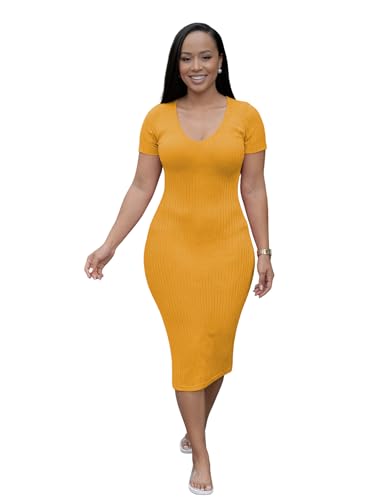 Image of TOPSRANI Women Sexy Midi Dress Bodycon Casual Sleeveless Basic Ruched Tank Summer Club Party Dresses