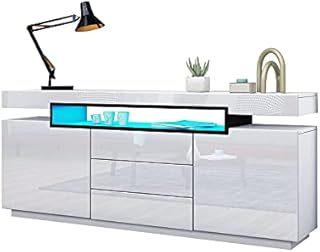 AWOOOD White Sideboard Cabinet Cupboard Matt Body & High Gloss TV Stand Unit LED Light with 2 Doors 3 Drawers 160cm for Living Room Dining Room