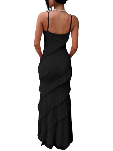 Image of HOCILLE Women's Sexy V Neck Backless Bodycon Spaghetti Strap Elegant Ruffle Maxi Cocktail Party Dresses