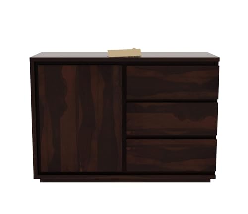 Image of SHIKHA WOOD CRAFT Solid Sheesham Wood Sideboard Cabinet with 3 Drawers and 1 Door Storage | Multipurpose Wooden Chest of Drawers Furniture for Bedroom, Home, Living Room, and Office (Walnut Finish)