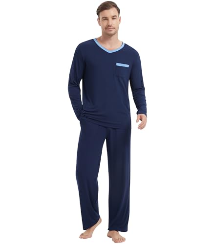 Image of NACHILA Pajamas for Men-Viscose Made from Bamboo, Long Sleeve Pajamas Set Comfy Sleepwear Pants Soft V Neck Pjs with Pockets