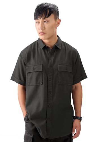 Image of The Souled Store Solids: Men and Boys Short Sleeve Collared Neck Button Front Cotton Shirts