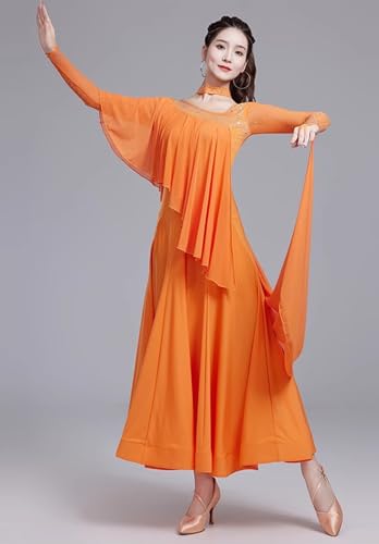 ✦新品同様❗️社交ダンスDress　淡い美しいオレンジ色✨Мsize 試着・レンタル・購入】社交ダンスドレス オレンジ Mサイズ