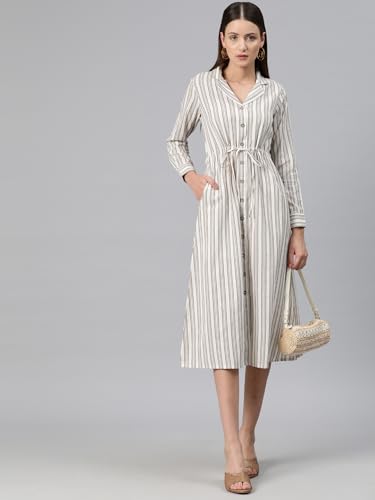 Image of Cottinfab Women Beige and White Striped Cotton Shirt Midi Dress Long Sleeves
