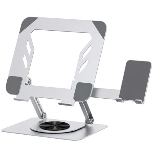 Image of Dyazo 360 Rotation 2 in 1 Laptop Stand with Mobile Holder | Multi Height & Angle Adjustable Design with Cooling Vent & Anti-Slip Pads | Compatible for MacBook, HP, Dell, Acer, Lenovo & More (Silver)