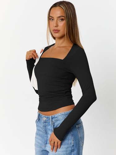 Trendy Queen Womens Long Sleeve Shirts Going Out Tops Square Neck Crop Workout Tops3