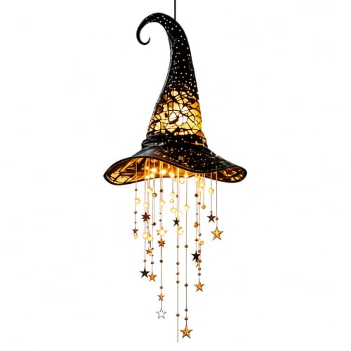 Halloween Witch Hat Hanging Decor Light, Battery Operated Lighted Witch Hat with Warm Glow, Hollow Cutout Design, Cascading Star Tassels and Wind Chime Effect for Indoor Porch Party Home Decorations - image 1