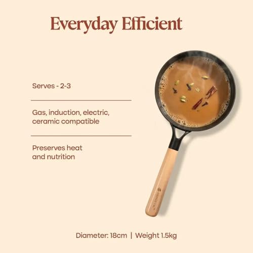 Image of CUMIN CO. Cast Iron Sauce Pan with Lid | 1.5 litres, 18 cm | Induction Base Cookware |5 Years Warranty | Non Toxic Pan for Tea and Serving Sauces | Chemical Free Coating | Beechwood Handle | White