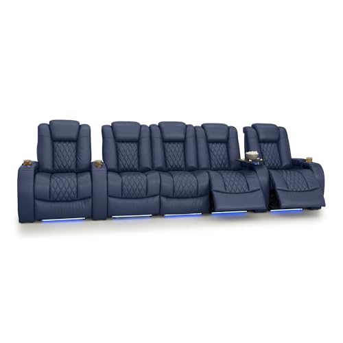 Image of Seatcraft Diamante Navy Blue Italian Leather Home Theater Seating, Zero Gravity Power Recliner, Gaming and Home Office Chair, Powered Headrest Furniture for Cinema Room, Row of 5 Middle Sofa