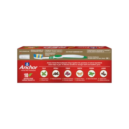 Image of Anchor Herbal Red Ayurvedic Toothpaste 300g (200g+100g) Pack of 2 + Free Toothbrush | 6 Natural Ingredients | Healthy Gums, Plaque Protection & Fresh Breath | 100% Vegetarian