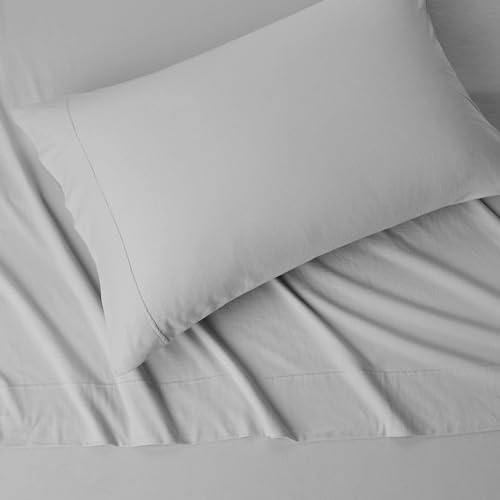 Image of Amazon Basics 3 Piece Bed Sheets Set, 100% Cotton Jersey, Includes Super Soft, Flat and Fitted Sheets, Pillowcase, Toddler, Light Gray, Solid