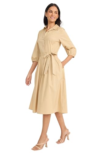 Image of Maggy London Women's Women's Button Down Collared Midi Dress with Pockets - 3 /4 Balloon Sleeve - A-line Shirtdress