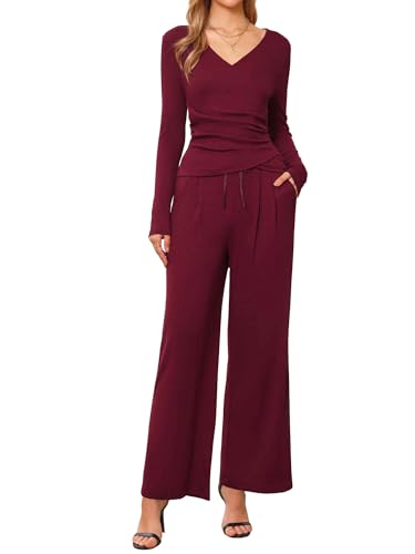 Ensemble de salon 2 pièces femme col en V chic loungewear cosy