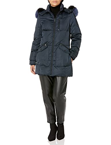 1 Madison Women's Warm Winter Coat with Fox Fur Trimmed Hood, Navy, Medium